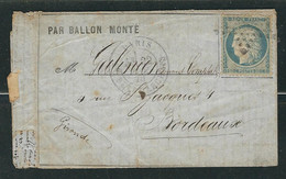 FRANCE 1870 N° 37 Ballon Monté Le Montgolfier Obl. étoile 12 Bd Beaumarchais 22/10/70 Pour Bordeaux Signée Calves - 1870 Siege Of Paris