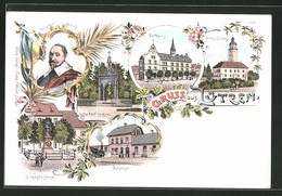 Lithographie Lützen, Bahnhof, Rathaus, Altes Schloss - Lützen