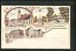 Lithographie Oschersleben, Halberstädter Strasse Aus Der Vogelschau, Kriegerdenkmal, Realschule - Oschersleben