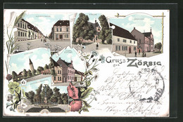 Lithographie Zörbig, Kuzestrasse, Schule, Postamt, Schloss, Kriegerdenkmal - Zörbig