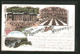 Lithographie Weissenfels A. S., Gasthaus Bad, Innen- Und Aussenansicht, Saalepartie - Weissenfels