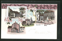 Lithographie Putlitz, Strassenbild, Kirche, Cantoratsgebäude - Putlitz