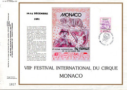 MONACO DOCUMENT FDC 1981 FESTIVAL DU CIRQUE - Cartas & Documentos