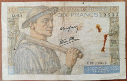 Billet 10 Francs MINEUR 13 - 1 - 1944 FRANCE Q.65 - 10 F 1941-1949 ''Mineur''