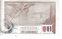 MONACO - Beau Billet De Loterie De La Colonie Française De Monaco " Grande Fête De Charité "- 1934 - Biglietti Della Lotteria
