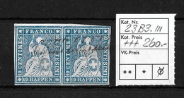 1854-1862 Helvetia (ungezähnt) → Balkenstempel    ►SBK-23B2.III / Paar Waagrecht ◄ - Gebraucht