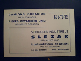 CARTE DE VISITE GARAGE  CAMIONS OCASSION UNIC RUE ESNAULT PELTERIE BOULOGNE - Camions