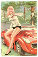 FANTAISIE HUMOUR PIN UP SIXTIES ILLUSTREE CARRIERE : FEMME SEXY FRAU LADY VROUW  VOITURE FERRARI - CIRCULEE LYON PIN UPS - Pin-Ups
