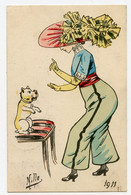 Illustrateur Mille. Les élégantes. Femme Grand Chapeau. Woman, Sucre Sur Le Nez Du Petit Chien - Mille
