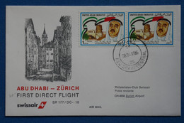 S9 UN. ARAB EMIRATES BELLE LETTRE 1985  1ST DIRECT FLIGHT ABHU DHABI POUR ZURICH  SUISSE + PAIRE DE T.P+ AFF . PLAISANT - Abu Dhabi