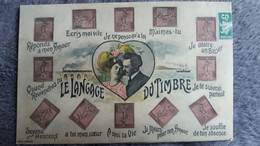 CPA  LE LANGAGE DES TIMBRES 10 C COUPLE MEDAILLON COEUR  AMOUR  BAISER  MF PARIS 1908 - Timbres (représentations)