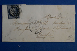 S10 FRANCE BELLE LETTRE 1854 PARIS  POUR ANGLURE+ N 4 BLEU FONCE  + AFFRANCHISSEMENT INTERESSANT - 1849-1850 Cérès