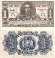 Bolivia P128a, 1 Boliviano, Simón Bolívar In Uniform / Arms, 1952 Waterlow & Son - Bolivien