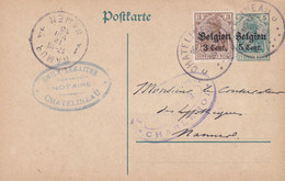 Carte Entier Postal + Timbre Oc 1 Châtelineau à Namur Cachet Censure Militaire Châtelineau - Occupation Allemande