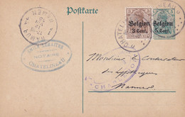 Carte Entier Postal + Timbre Oc 1 Châtelineau à Namur Cachet Censure Militaire Châtelineau - Occupazione Tedesca