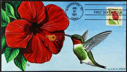 BIRDS 1991 HAND PAINTED FIRST DAY COVER With "F" Flower Stamp, Scott 2517, On Hand Painted Envelope, Showing A Hummingbi - Non Classés