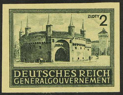 GENERALGOUVERNEMENT 1943-44 2z Blackish Grey-green Cracow Barbican IMPERF PROOF Printed In The Issued Colour On Yellowis - Other & Unclassified