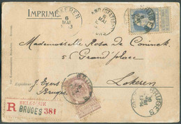 N°55-76 - ARMOIRIE 2 Centimes Brun + GROSSE BARBE 25 Centimes Bleu-laiteux, Obl. Sc BRUGES s/C.V. Imprimée (carton épais - 1905 Breiter Bart