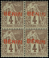 Neuf Sans Charnière N° 3A, 4c Brun-lilas Sur Gris, Surch. Benin En Rouge Type IV, Non-émis, Boc De 4, TB, Signé Calves - Other & Unclassified