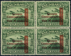 Neuf Avec Charnière N° 126, 10c S/20c Vert Servicio Centroamericano, Bloc De 4, TB, RRR, Signé H. Bloch - Other & Unclassified