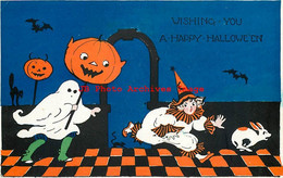 297455-Halloween, Gibson No GIB04-1, Ghost With Jack O Lantern Head On Stick Chasing Girl In Clown Costume - Halloween