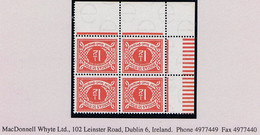Ireland 1940-69 E 1½d Vermilion Variety Watermark Inverted, Corner Block Of 4 Fresh Mint Unmounted Never Hinged - Postage Due