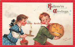 322331-Halloween, Gabriel No 320-9, Girl With Candle & Apples Following Boy With Jack O Lantern - Halloween