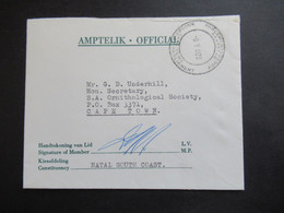 RSA / Süd - Afrika 1973 Amptelik Official Houses Of Parliament Cape Town Signature Of Member / Constituency Natal South - Storia Postale