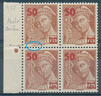 D - [12472]SUP//**/Mnh-N° 477-cu, Mercure Surchargé 50/75c Brun-rouge, Dans Un Bloc De 4 Bdf, Grosse Tache De Couleur En - 1938-42 Mercurio