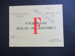 RSA / Süd -Afrika 1970er / 80er Jahre Besucher Ausweis / Eintrittskarte Volksraad House Of Assembly Cape Town / Kapstadt - Tickets - Vouchers