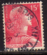 FRANCE FRANCIA 1955 1959 MARIANNE MARIANNA ALLA NEF 15f USATO USED OBLITERE' - 1959-1960 Marianne (am Bug)