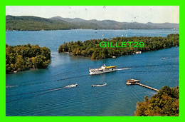 LAKE GEORGE, NY - LAKE GEORGES ISLANDS - ANIMATED WITH BOATS - TRAVEL -  PUB. BY DEAN COLER - - Lake George