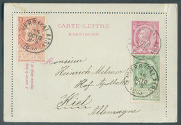 N°56/57 En Affr. Complémentaire Du E.P. Carte-lettre 10c. Em. 1884, Obl. Sc ANVERS (PALAIS) Du 15 Octobre 1893 Vers Kiel - Cartas-Letras