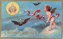 325371-Halloween, LR Conwell No 246, Cupid Gazing At Full Moon With Witch Face, Owl, Bat - Halloween