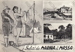 CARTOLINA  SALUTI DA MARINA DI MASSA,TOSCANA,LUNGOMARE,SPIAGGIA,BARCHE,MARE,SOLE,BAGNI,ESTATE,VACANZA,VIAGGIATA 1964 - Massa