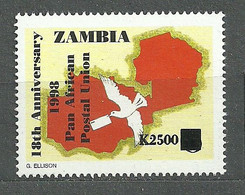 Zambia, 2003 (#1457b), Surcharged, 18th Anniversary Pan African Postal Union, Map Of Zambia, Carrier-pigeon - 1v Single - Poste