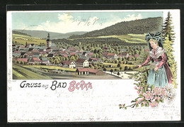 Lithographie Bad Berka, Totalansicht Der Ortschaft, Einwohnerin In Tracht - Bad Berka