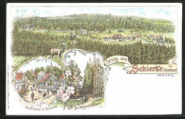 Lithographie Schierke / Oberharz, Die Schnarcherklippen, Totalansicht Mit Wald, Dorfstrasse - Schierke