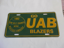 1982 SUNBELT CHAMPS NCAA MIDDLEEAST FINALIST - GO UAB BLAZER/ CAR PLATE - Autres & Non Classés