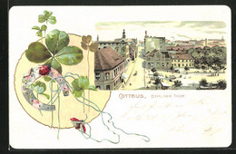 Passepartout-Lithographie Cottbus, Berliner Tor Aus Der Vogelschau, Marienkäfer Mit Hufeisen - Cottbus