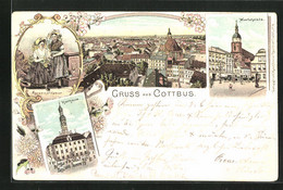Lithographie Cottbus, Marktplatz Mit Kirche, Rathaus Mit Händlern Aus Der Vogelschau, Spreewaldpaar In Tracht - Cottbus