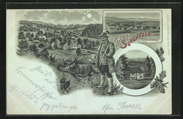 Mondschein-Lithographie Schmiedeberg / Erzgebirge, Gasthaus Schönfeld, Gesamtansicht Bei Nacht, Jäger Mit Hirsch - Schmiedeberg (Erzgeb.)