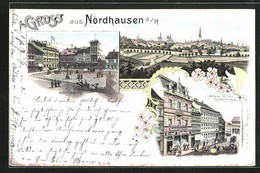 Lithographie Nordhausen A. H., Mittlerer Teil Der Rautenstrasse, Kornmarkt - Nordhausen