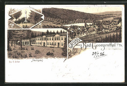 Lithographie Bad Georgenthal, Gasthaus Schützenhof, Candelaber, Panorama Mit Umgebung - Georgenthal