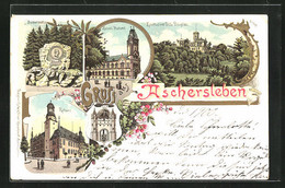 Lithographie Aschersleben, Einethal Mit Villa Douglas, Bismarckstein, Kaiserl. Postamt - Aschersleben