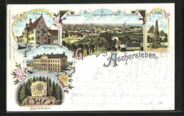 Lithographie Aschersleben, Gymnasium, Rathaus, Bismark-Denkmal - Aschersleben