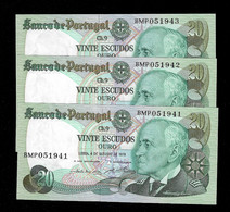 Portugal 20 Escudos 1978 3 Notes Running Numbers Pick 176b Unc (NT#07) - Portugal