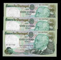 Portugal 20 Escudos 1978 3 Notes Running Numbers Pick 176a Unc (NT#07) - Portugal