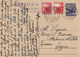 A74. Varenna. 1949. Cartolina Postale Democratica L. 8, Con Integrazione Di L. 7 ( 3 + 4), Da Varenna (Como)  A Lucera - 1946-60: Marcophilie