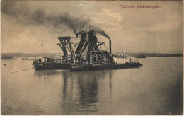 T2/T3 1911 Kiskőszeg, Batina (Darázs, Draz); Kotróhajó A Dunán. Kiadja Borkovits Nándor / Dredge Over The Danube (r) - Non Classés